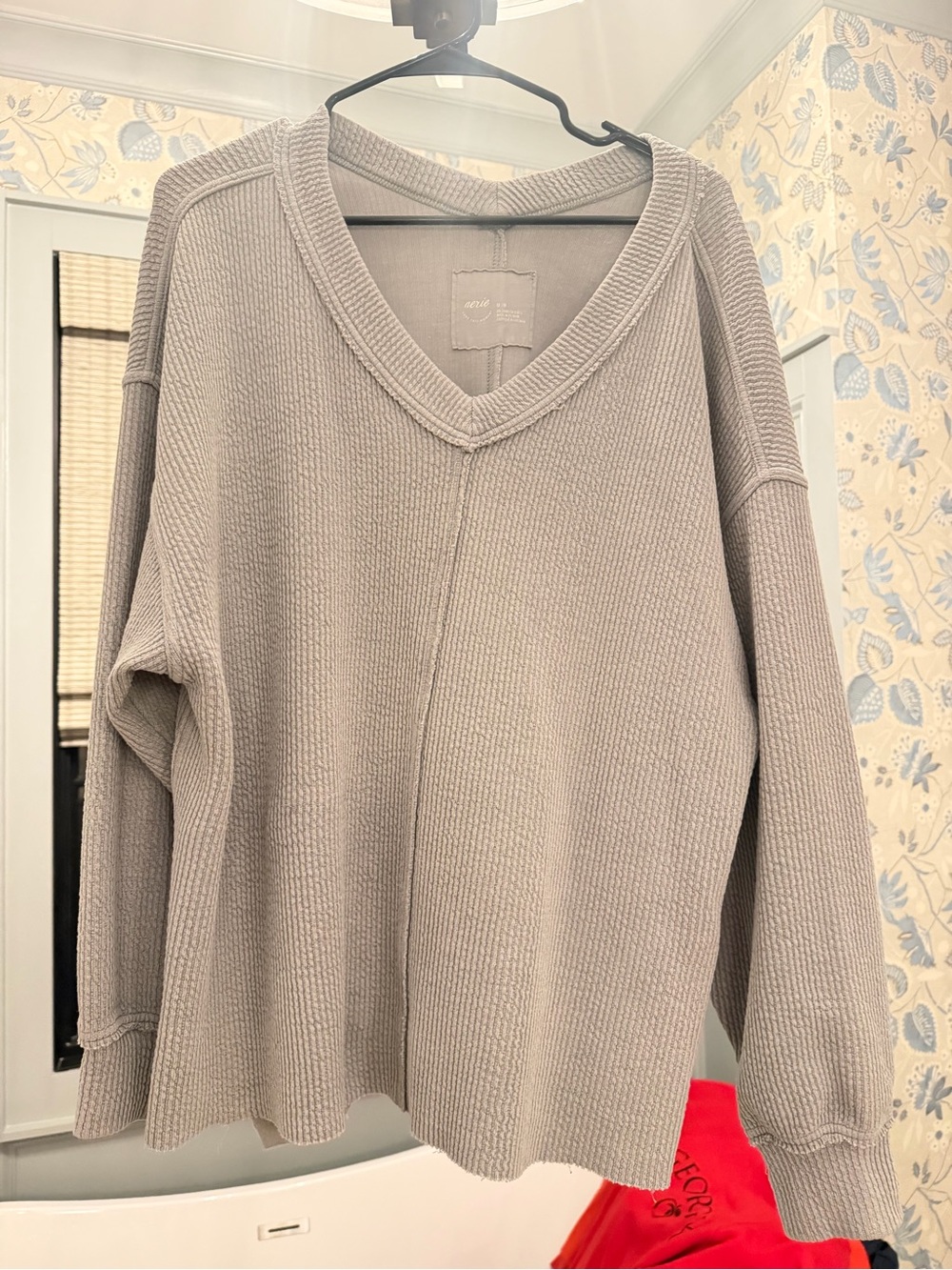 Cozy V-Neck Waffle Knit Sweatshirt- grey
